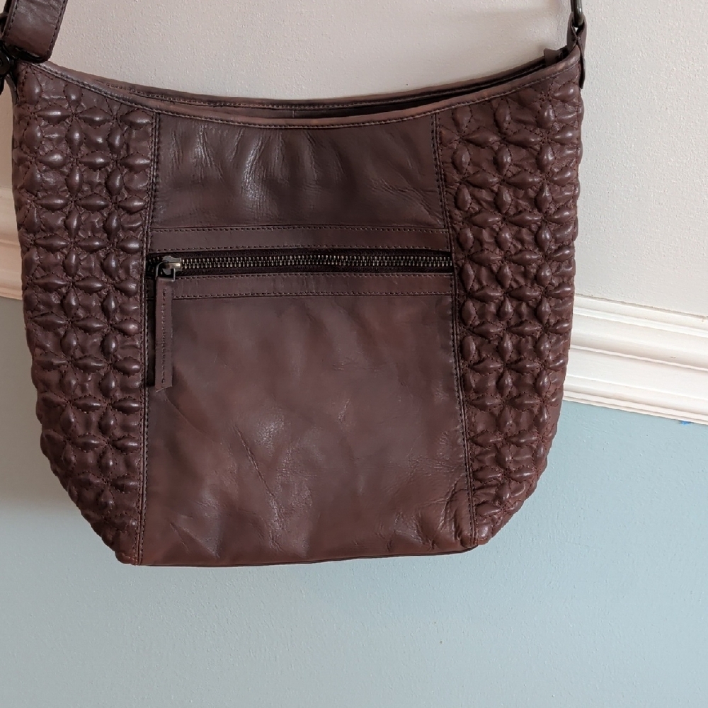 Brown Leather Embossed Crossbody Medium Size